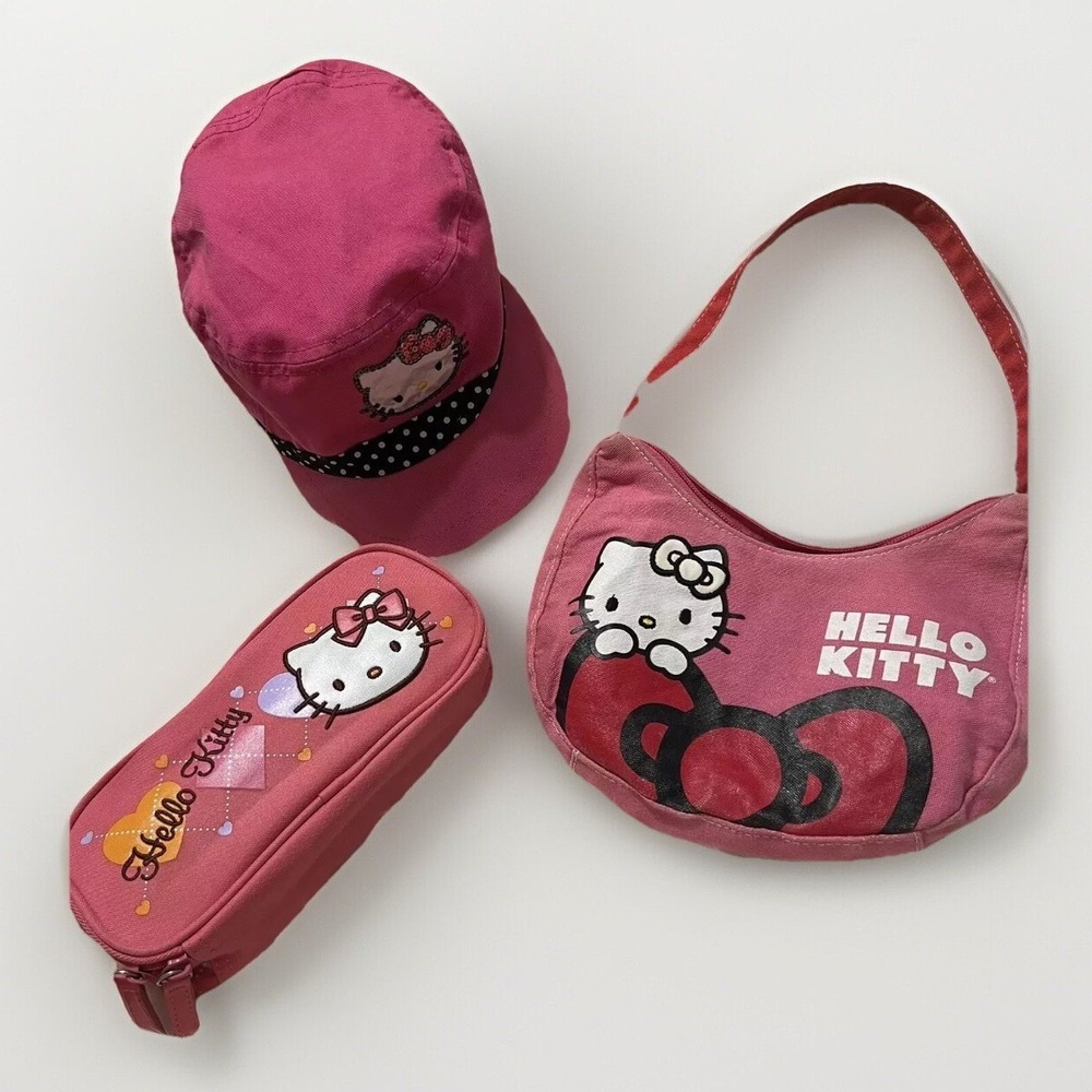 Hello Kitty 3pc Accessory Set Pink Cadet Hat Canvas Hobo Bag Pencil Case Sanrio